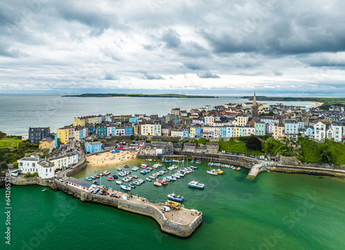 City view over Harbour and Marina from a drone, Tenby, Pembrokeshire, Wales, England, Europe