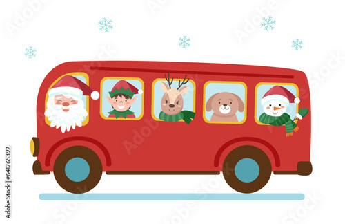 Santa Claus driving the bus with christmas characters - elf, snowman, deer, dog
