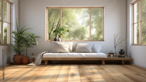 Aesthetic minimalist composition of japandi living room interior. Long wooden bench with cushions, decorative vases, exotic plants in floor pots, wooden floor, large windows. Home decor. Template.