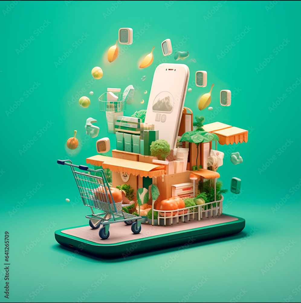 ecommerce shopping cart on mobile phone, 3d illustration with online shopping