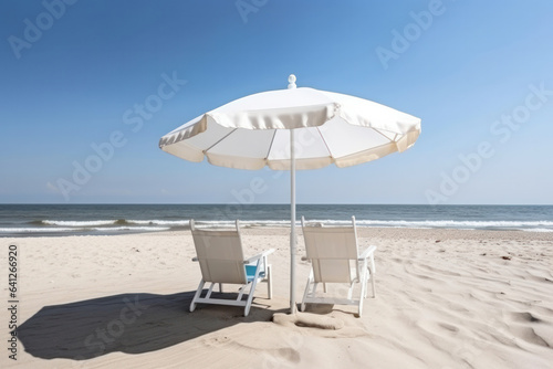 The perfect spot for relaxation  two beach chairs and umbrellas await you on the sandy beach with a breathtaking view of the ocean. AI Generative