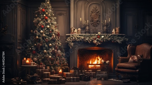 Interior of luxury classic living room with Christmas decor. Blazing fireplace, garlands and burning candles, elegant Christmas tree, gift boxes. Christmas and New Year celebration concept.