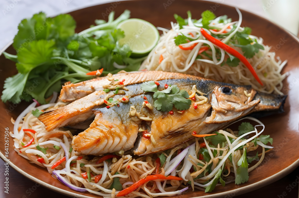 a plate of Thai-style grilled fish with a savory taste, Asian fish dishes with various spices