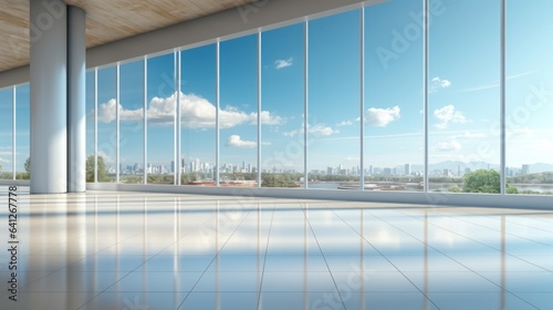 Interior of luxury empty open space office area in modern building. Glossy floor  white columns  huge floor-to-ceiling windows with urban landscape. Template  3D rendering.