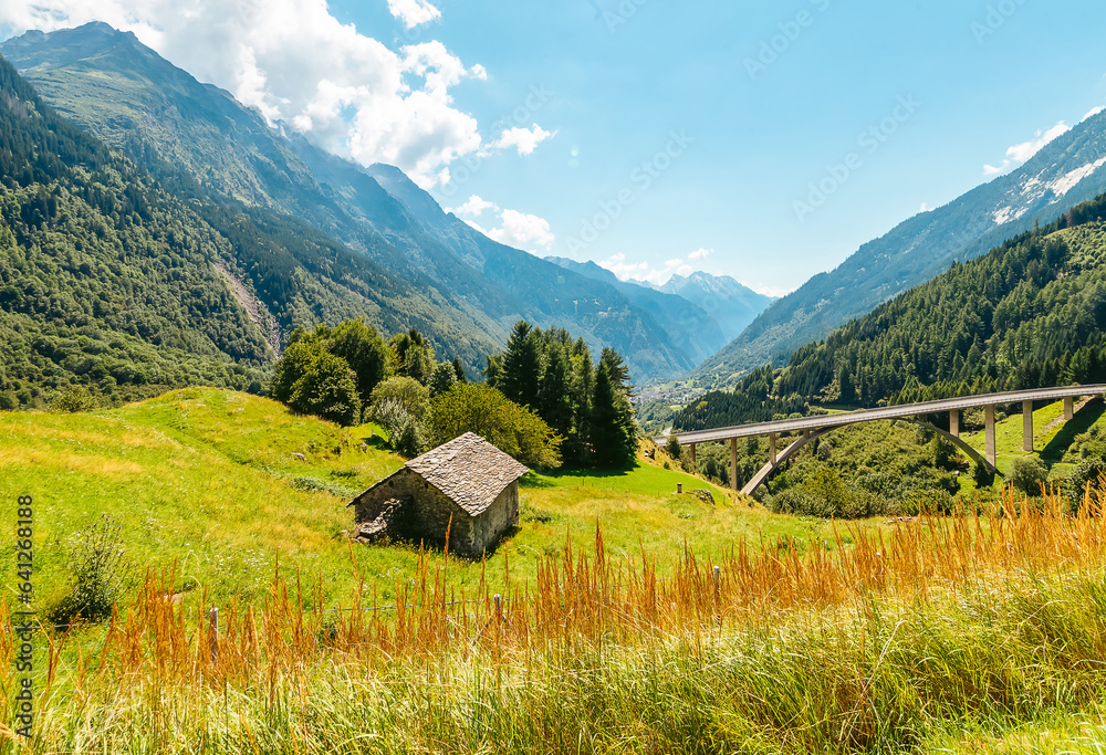 Fototapeta premium Alpine mountains in summer. View of the bridge and the valley