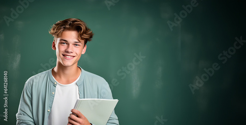 élève devant un tableau d'école avec des feuilles blanches dans la main, cours particuliers photo