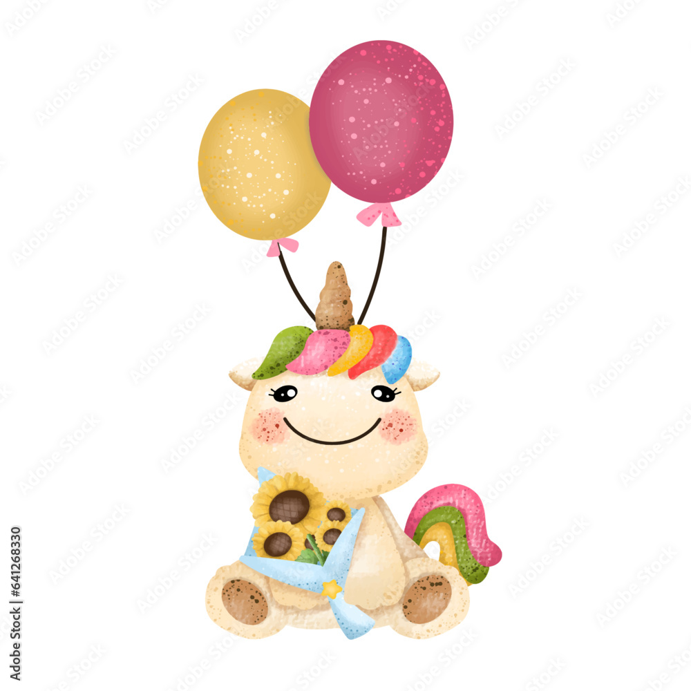 Fototapeta premium Happy Unicorn with balloon,watercolor,animal,cartoon character,cute,icon ,vector, illustration,hand drawn