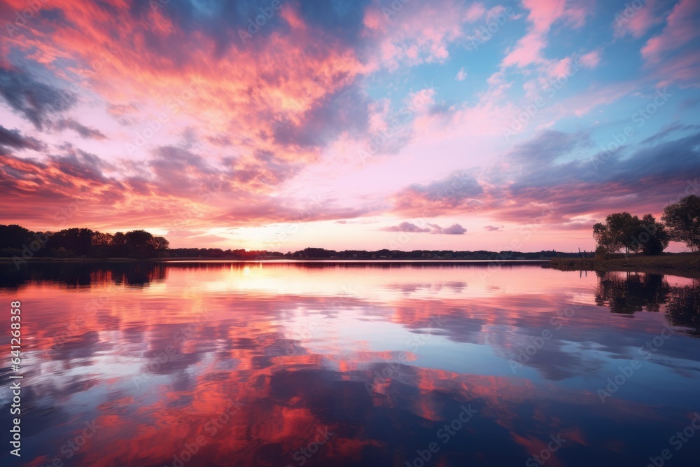  Pastel Hued Sunset Over A Tranquil Lake, Generative AI