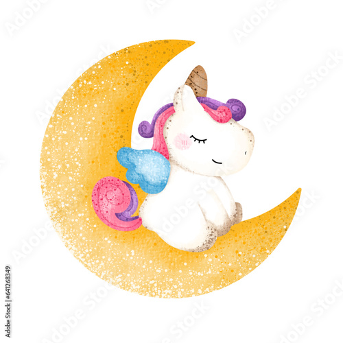 Cute Unicorn with the Moon,watercolor,animal,cartoon character,cute,icon ,vector, illustration,hand drawn