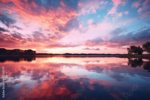  Pastel Hued Sunset Over A Tranquil Lake, Generative AI