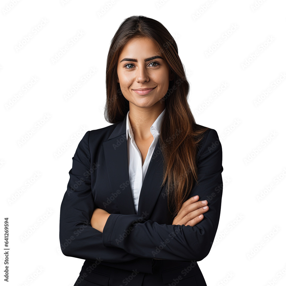 A happy professional woman posing confidently with arms crossed alone on a transparent background