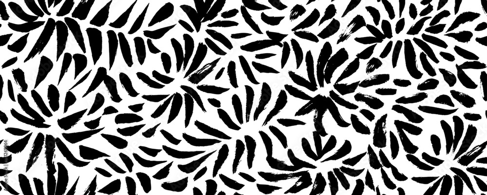 Star   flowers seamless pattern in brush style. Japanese style grunge flowers black and white texture. Freehand blossom background. Cute graphic flower background. Dry brush floral motives. Circular a