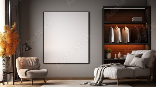 Front view of a modern minimalist walk-in closet. Gray wall with poster template, wardrobe with neatly hung clothes, comfortable couch and armchair, home decor. Mockup, 3D rendering.