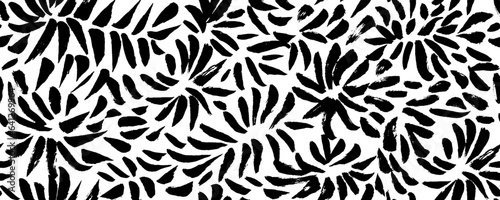 Star flowers seamless pattern in brush style. Japanese style grunge flowers black and white texture. Freehand blossom background. Cute graphic flower background. Dry brush floral motives. Circular a