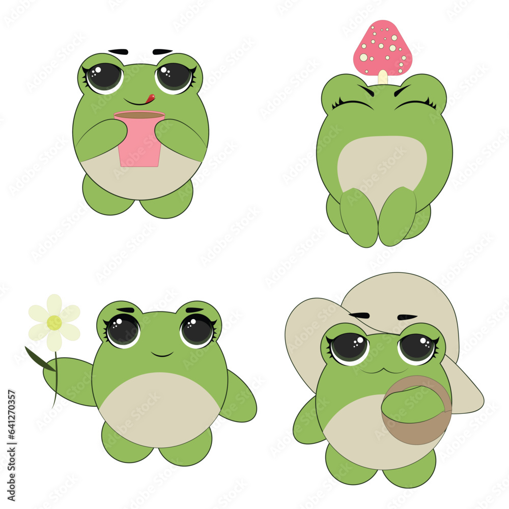 Cute emoticons character cartoon frog stickers emoticons with different emotions. Green frog. Vector illustration Cute emoticons character cartoon frog stickers emoticons with different emotions. Green frog. Vector illustration