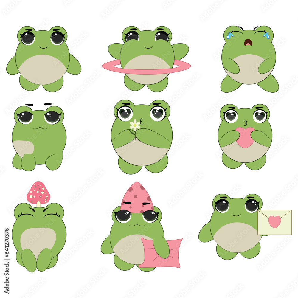Obraz premium Cute emoticons character cartoon frog stickers emoticons with different emotions. Green frog. Vector illustration
