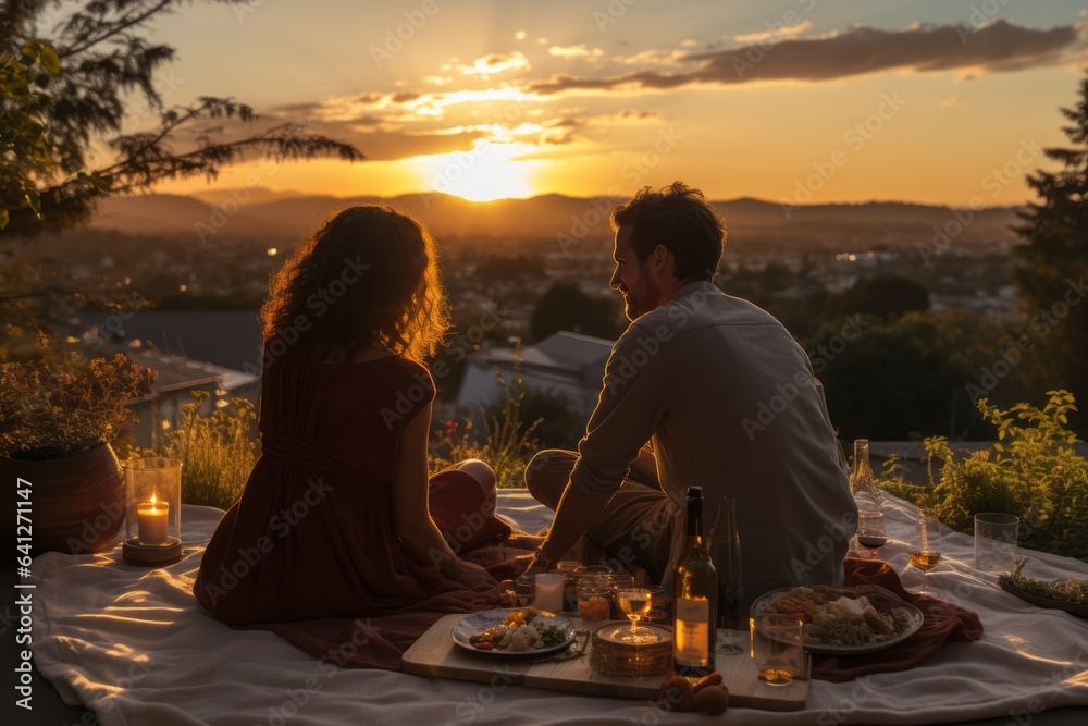 Couple Enjoying A Sunset Picnic, Generative AI. Couple Enjoying A Sunset Picnic, Generative AI.