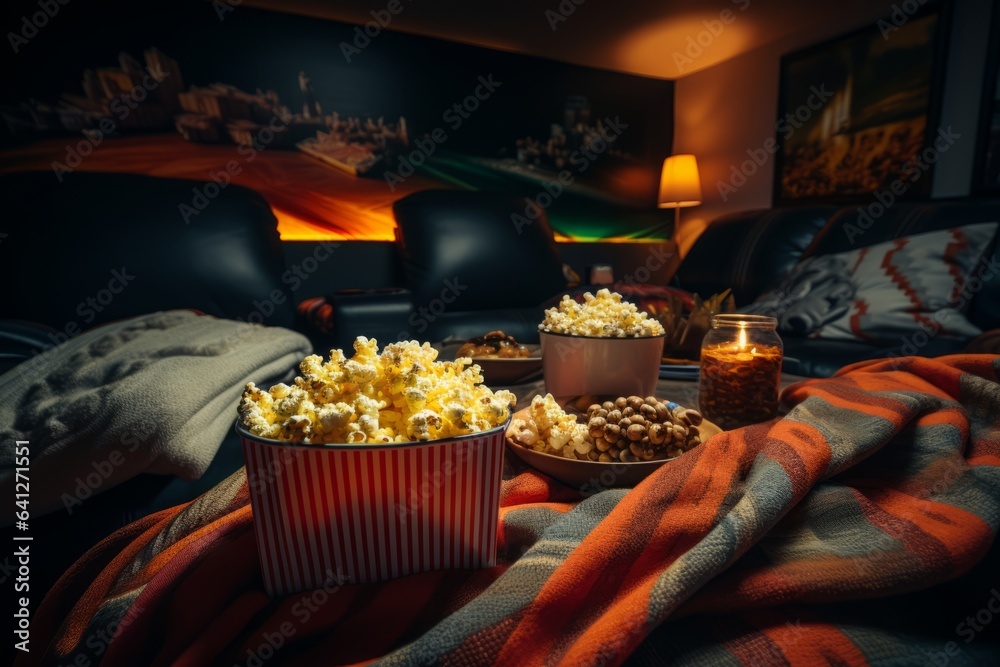  Home Movie Theater Setup With Popcorn, Generative AI