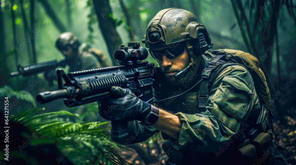 Military Combat in the Jungle A Group of Armed Soldiers in Action AI Generated