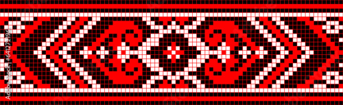 Vector illustration of Ukrainian ornament in ethnic style, identity, vyshyvanka, embroidery for print clothes, websites, banners. Background. Geometric design, border, copy space, frame