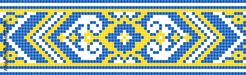 Vector illustration of Ukrainian ornament in ethnic style, identity, vyshyvanka, embroidery for print clothes, websites, banners. Background. Geometric design, border, copy space, frame