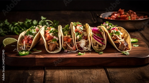 Five tacos of mixed flavors, served on a wooden cutting board