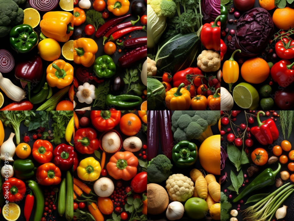 Panorama collage of many different vegetables