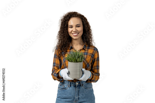Foto A girl with a flower pot in her hands, isolated on white background