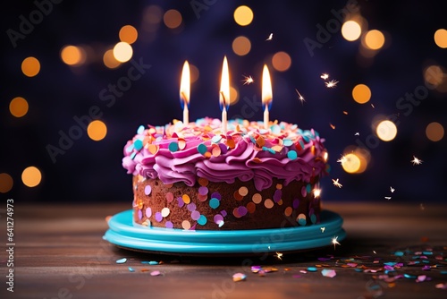Birthday cake with a sweets, cream, candles, confectionery topping on a purple backgrounds with lights bokeh.