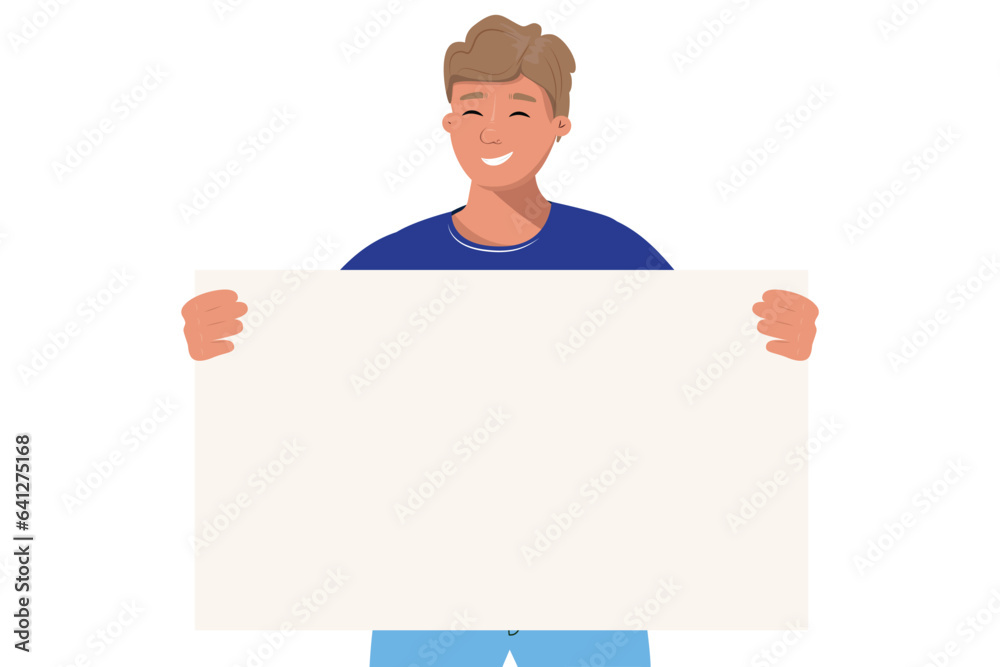 Happy man holding a blank banner. Design for your own text, message, advertisement. Happy man holding a blank banner. Design for your own text, message, advertisement.