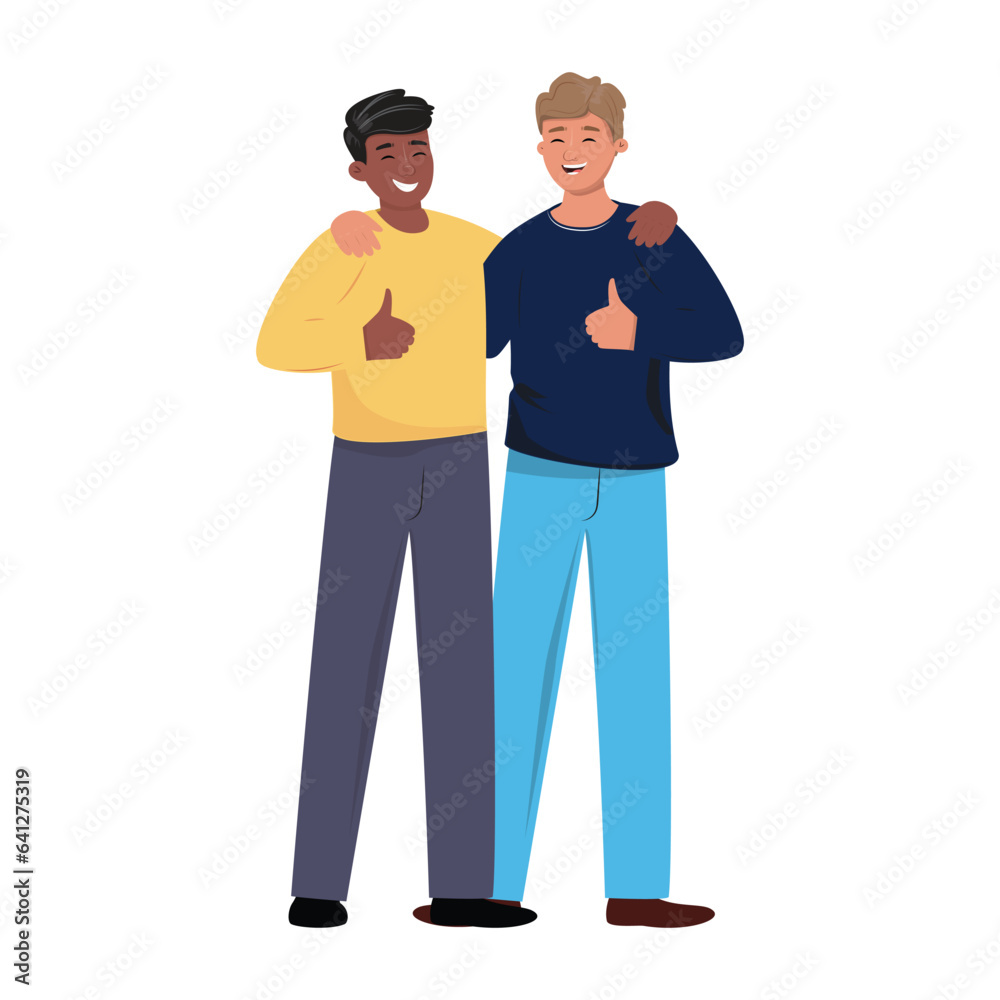 Happy young smiling guys. Interracial bros hugging together. Happy young smiling guys. Interracial bros hugging together.
