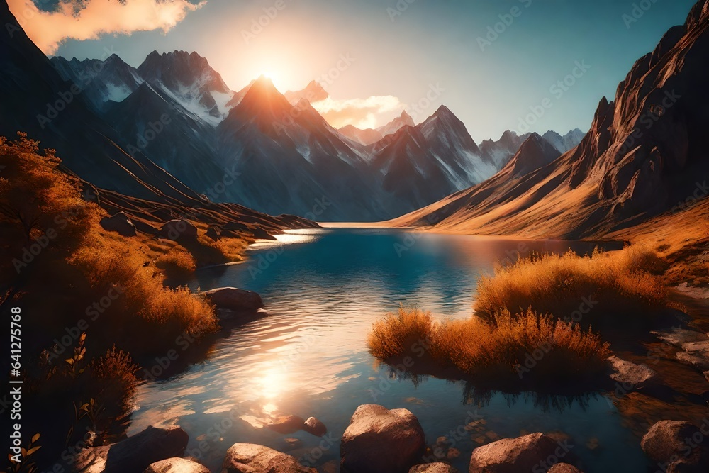 Mountains during sunset. Beautiful natural landscape in the summer time 3d render 