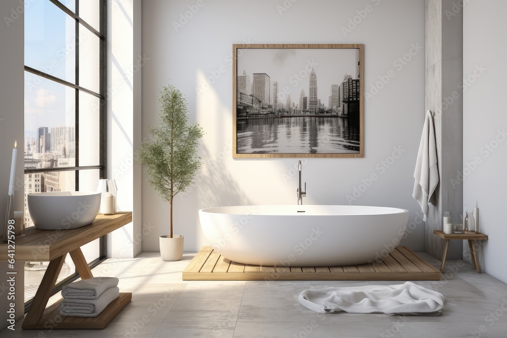 Interior of modern comfortable bathroom in white tones with large window. Interior of modern comfortable bathroom in white tones with large window.