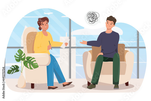 Mental health concept illustration with a psychologist and a male patient