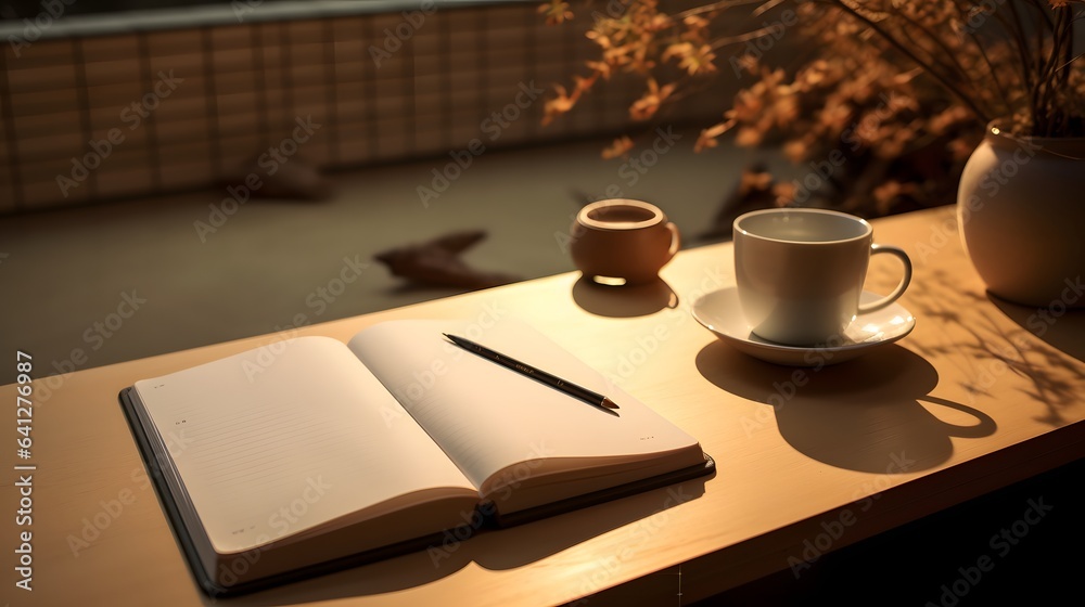 Photo of a cup of coffee and a book on a table