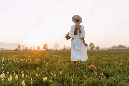 Woman holding pumpkins in field in autumn. photo