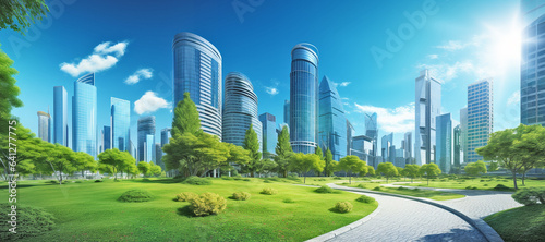 Modern Eco-friendly building architecture concept, sustainable building in city with trees and green environment