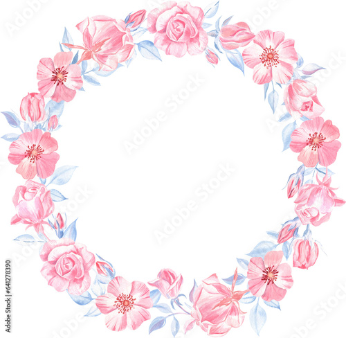 Wreath of the pink roses with blue leaves painted with watercolors, isolated on transparent. For wedding invitations, mother's day greeting cards, Valentine cards, new born celebration