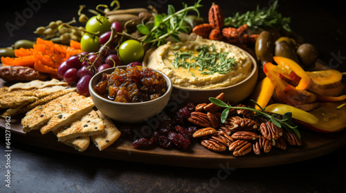 Grazing platter with hummus olives sun dried tomatoes