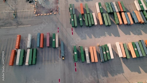 yard jockey truck driving with container in a Intermodal Terminal Rail road with yard full of containers. Northlake, Illinois, Union Pacific Railroad - Global II, Aerial photo