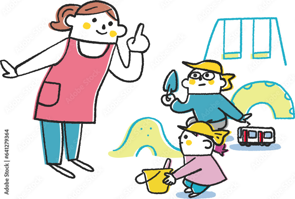 Obraz premium 砂遊びする園児にお話しする先生 イラスト素材 