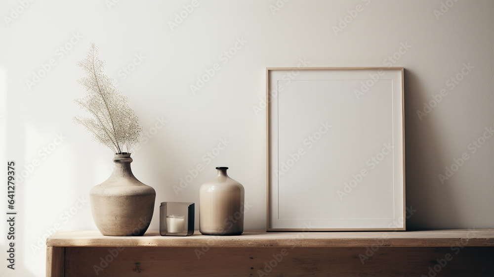 Fototapeta premium Generative AI, Realistic white poster mock up blank minimalistic background, artwork template, muted neutral colors