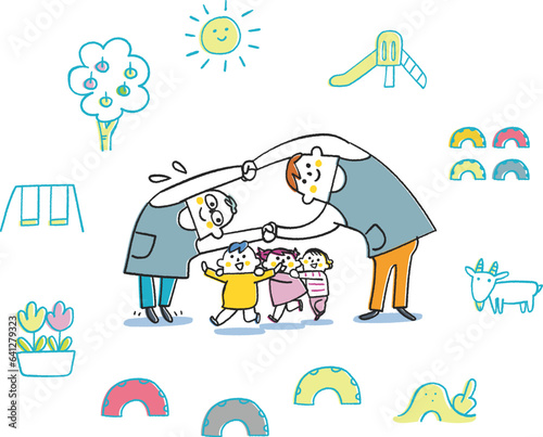 子供たちと電車遊びをする男性の先生たち　セット　イラスト素材
