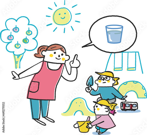 遊びする園児にお水を飲もうねと話しかける先生　イラスト素材
