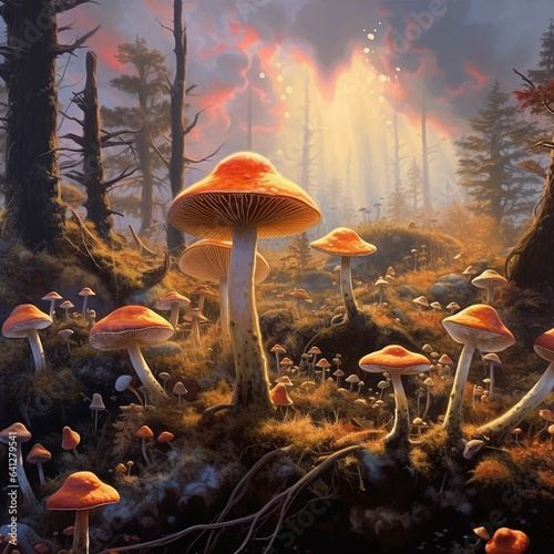 A painting of a forest with mushrooms and a river Generative AI