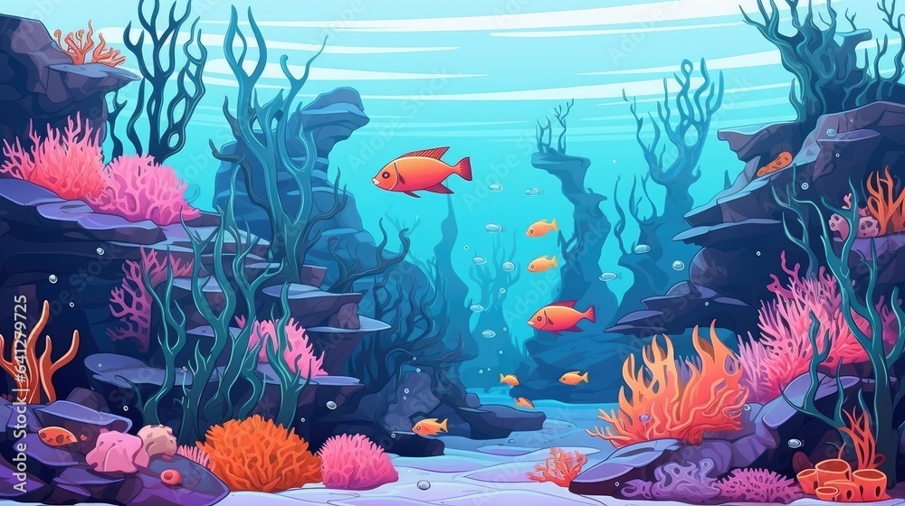 Cartoon underwater landscape for game level map with sea coral house ...