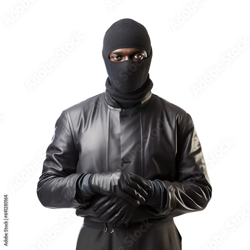 Halloween costumes -  Front view mid shot of African man dressed as isolated bank robber on white transparent background
