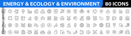 Energy and Ecology icon set. Environment icons. Renewable energy, green technology, sustainability, nature, recycle, renewable energy, solar cells, water, hydroelectric, coal mine, Big UI icon set.  photo