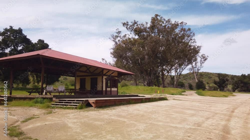 Gimbal wide panning shot of the surviving train station from the devasting 2018 Woolsey wildfire that destroyed the historic Paramount Ranch movie backlot in 2018. 4K Gimbal wide panning shot of the surviving train station from the devasting 2018 Woolsey wildfire that destroyed the historic Paramount Ranch movie backlot in 2018. 4K