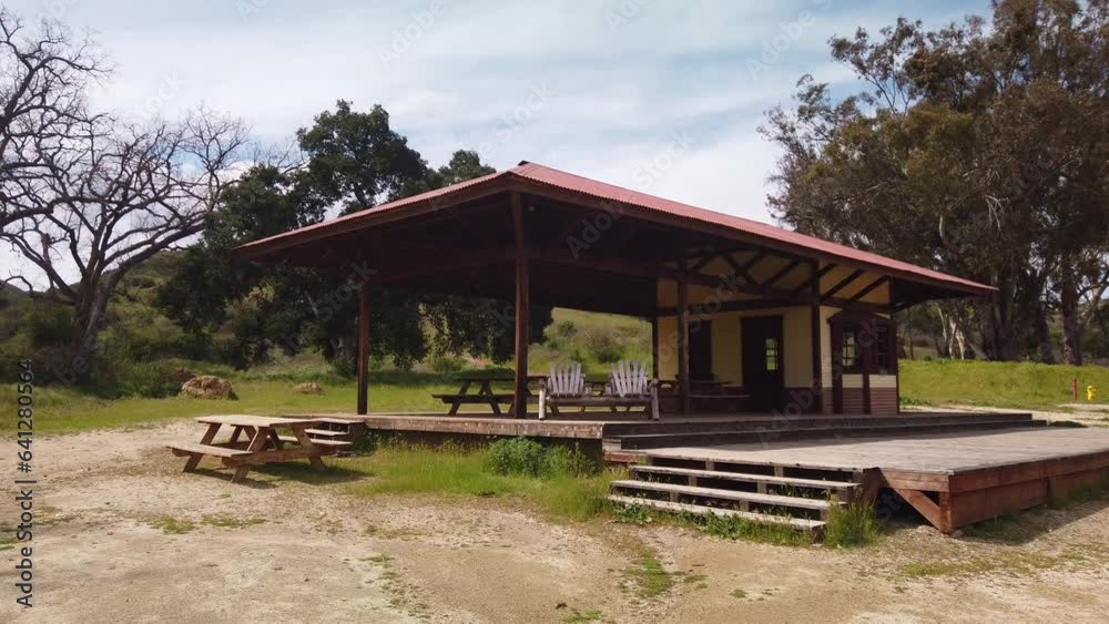 Gimbal close-up panning shot of the surviving train station from the devasting wildfire that burned down the historic Paramount Ranch movie backlot in 2018. Gimbal close-up panning shot of the surviving train station from the devasting wildfire that burned down the historic Paramount Ranch movie backlot in 2018.